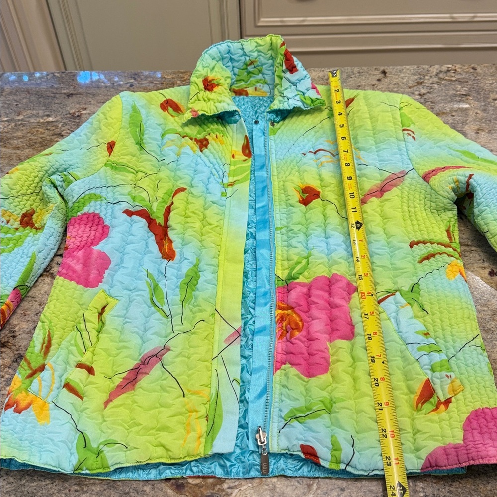 UBU SEA Blue and lime pink flower quilted jacket.
